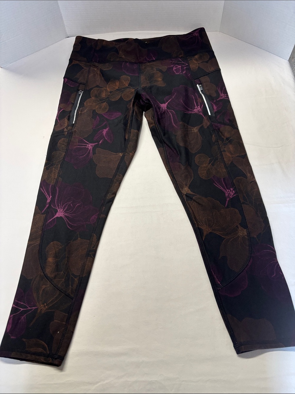 Floral Print Active Leggings in Black with Brown & Purple